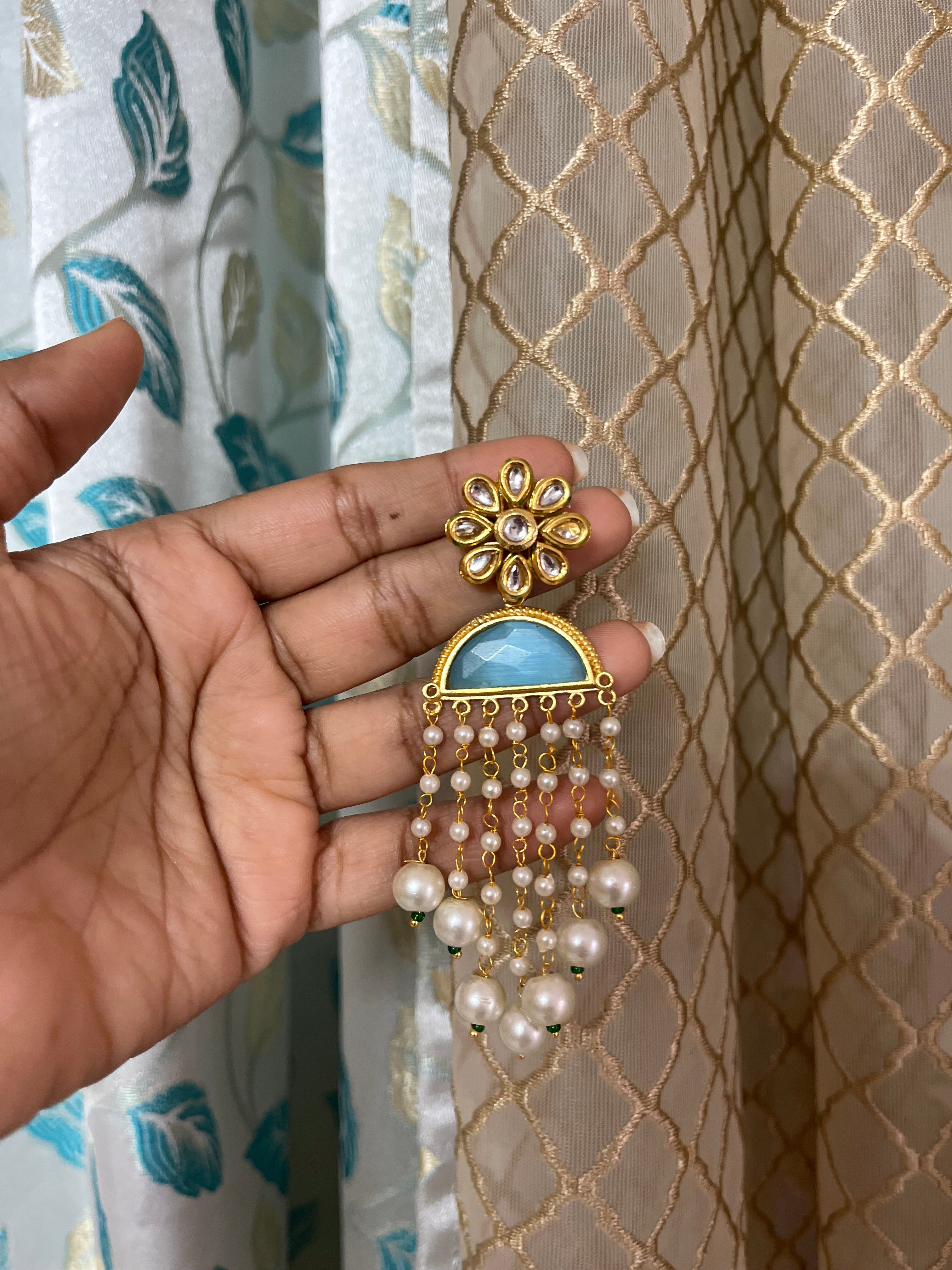 Blue pearl string earrings