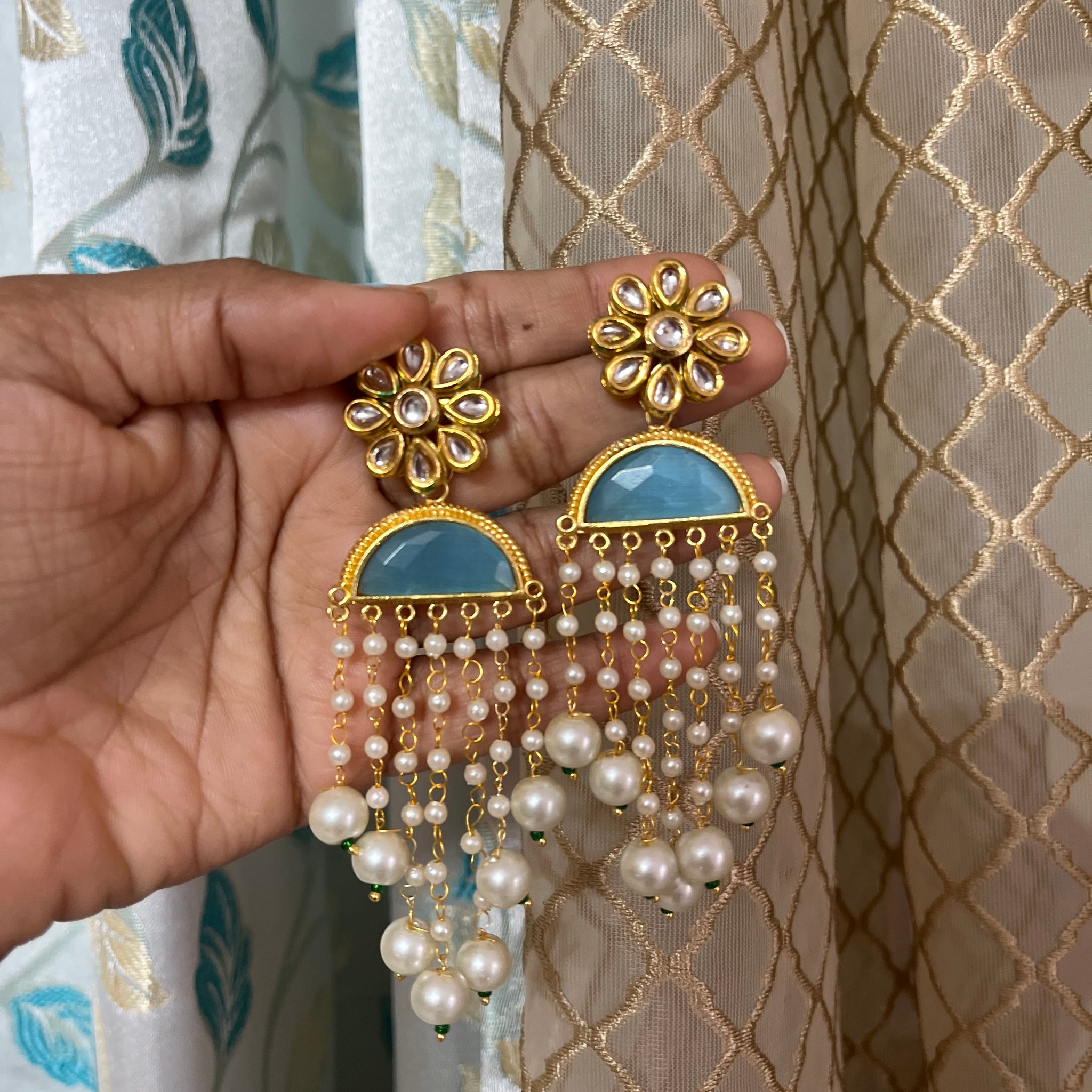 Blue pearl string earrings