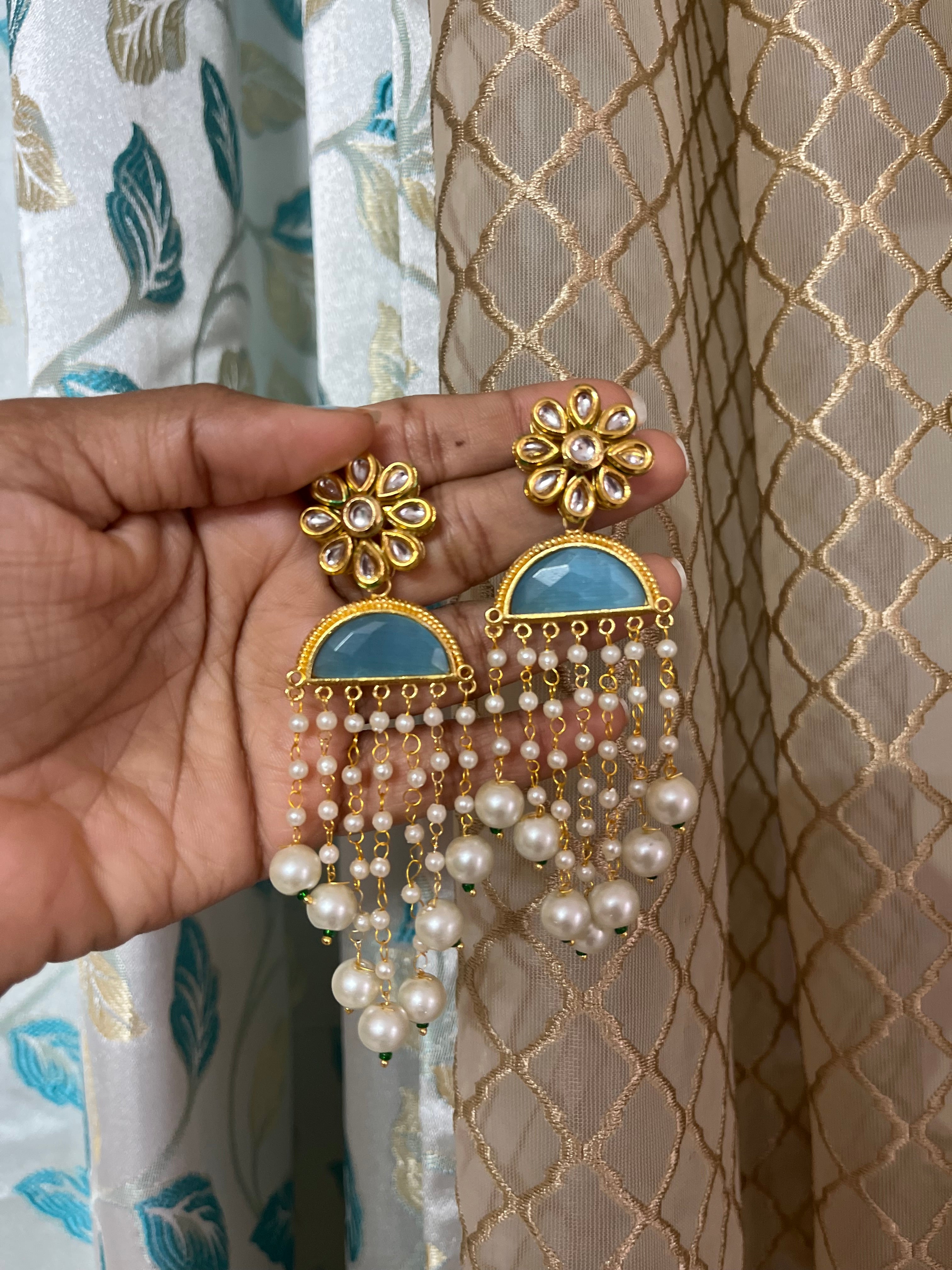 Blue pearl string earrings